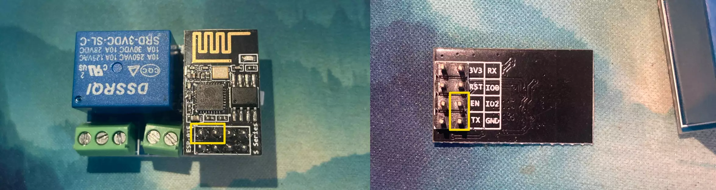 两张图，分别在模块的正反面标示出了 esp8266-01s 的 IO2 和 GND(负极) 触点