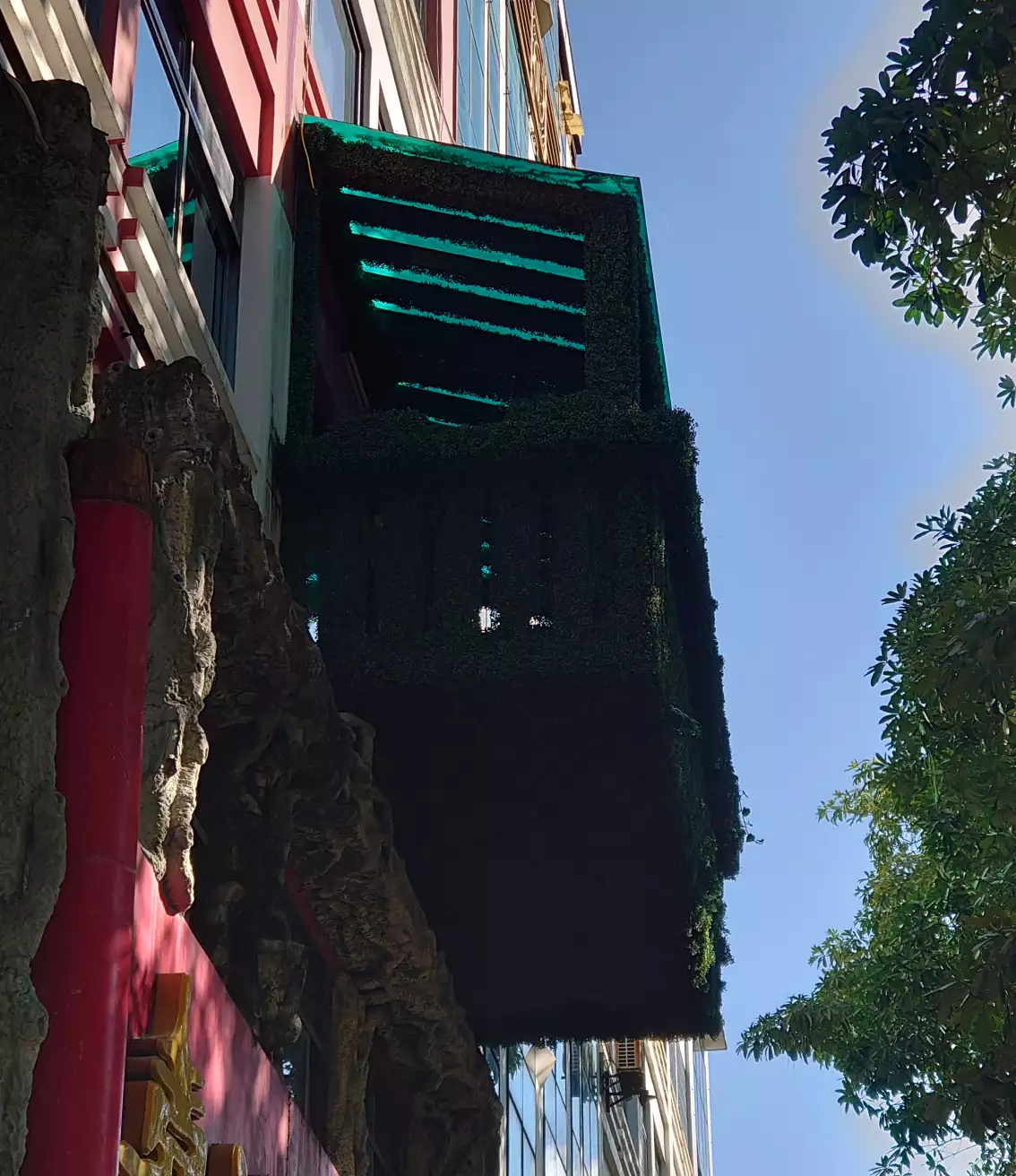 一个很有意思的屋子，在一家商铺上方凸出了一个被像是绿色藤蔓覆盖了的阳台？似乎不那么透光，顶上也有封起来，还有一张深绿色的厚塑胶片盖住了顶部防水